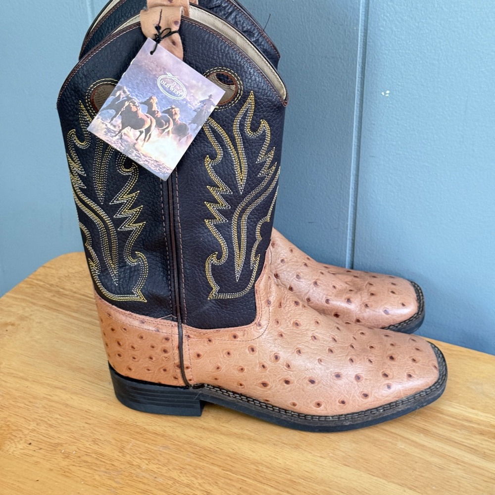 Old West Women's 6D Ostrich Print Western Cowboy Boots Square Toe NEW Imperfect - Picture 1 of 8